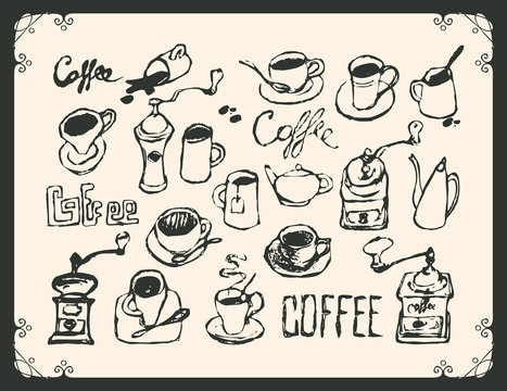 vector set of drawings on the theme of tea and coffee in a frame with curls and inscriptions on light background