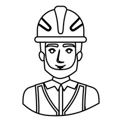 monochrome contour half body of male bearded architect with helmet vector illustration