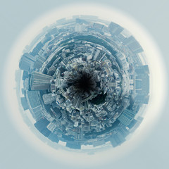 Circle panorama of urban city skyline, such as if they were taken with a fish-eye lens