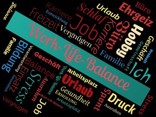 Work-Life-Balance - Bilder mit Wörtern aus dem Bereich Work-Life-Balance, Wortwolke, Würfel, Buchstabe, Bild, Illustration