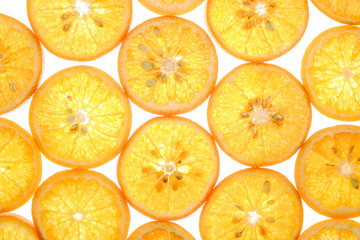 Bright sweet mandarin slices on white
