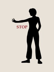 A young woman holding her hand in front to show stop gesture. Vector illustration