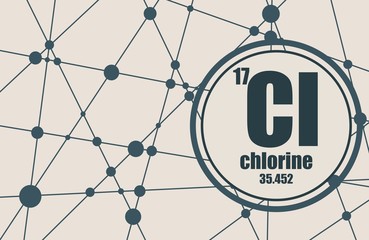 Chlorine chemical element. Sign with atomic number and atomic weight. Chemical element of periodic table. Molecule And Communication Background. Connected lines with dots.