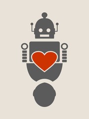 Human and robot relationships. Robotics industry relative image. Heart icon between robot and human