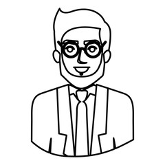 monochrome contour half body of man with beard and glasses and formal suit vector illustration