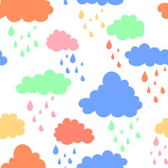 Sky background with blue, pink, green and orange clouds. Hand drawn seamless pattern. Vector illustration in cartoon style