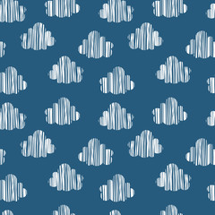 Blue sky with white clouds. Hand drawn seamless pattern. Vector illustration in cartoon style