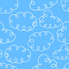Blue sky with white curly swirl clouds. Hand drawn seamless pattern. Vector illustration in cartoon style