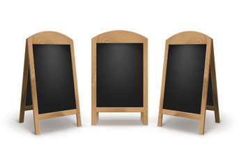 Vector Set of Wooden Empty Blank Advertising Street Sandwich Stands Sidewalk Signs Black Menu Boards on White Background