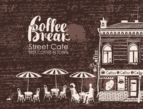 Fototapeta urban landscape with street cafes and love couple on the background of manuscript with blots. Banner for street cafe with old building and inscription coffee break in retro style