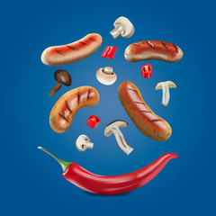 Vector realistic colorful illustration of sausage, mushroom and chilli..