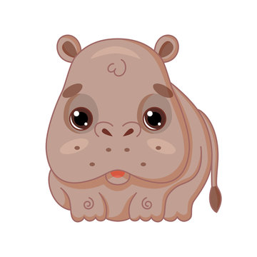 Cute cartoon hippo in kawaii style. Isolated on white background.
