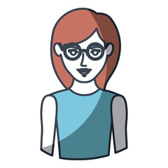 color silhouette and thick contour of half body of woman with glasses and sleeveless shirt vector illustration