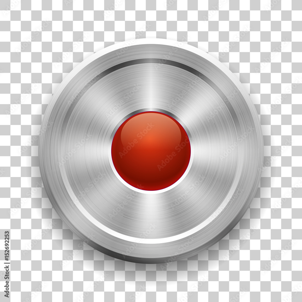 Poster metal button on a transparent background, glossy red ball in the center, vector metallic texture, ro
