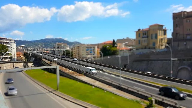 Tilt-Shift Time Lapse Of Highway Traffic On A Bridge in the City Center of Nice, French Riviera in France - 4K Video