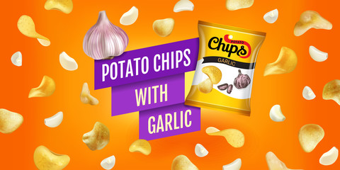 Vector realistic illustration of potato chips with garlic.