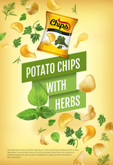 Vector realistic illustration with potato chips with herbs.