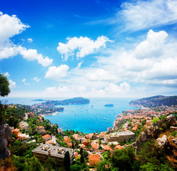 beautiful landscape of riviera coast and turquiose water of cote dAzur at summer day, France, retro...