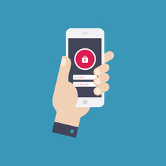 Hand holing smart phone with lock button on the screen. Data protection, locking. Flat design vector.