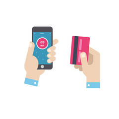 Online shopping ecommerce 24 hours customer support service. Hand holing smart phone and card for payment. Vector illustration business concept design.