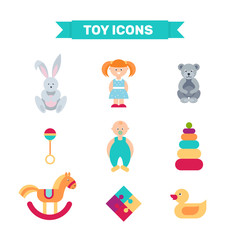 Toys collection isolated on white background. Including doll, hare, bear, pyramid, pups, horse, rattle, puzzle, duck. Modern flat style vector illustration