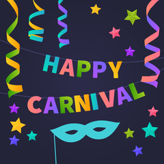 Happy Carnival card. Multicolored bright buntings garlands. Celebrate banner. Black background with stars and ribbons