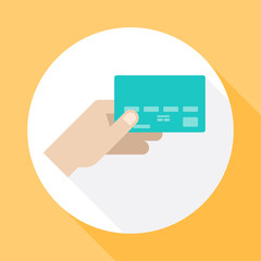 Hand holding credit card. Icon vector with long shadow. Flat design style.