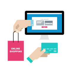 Online shopping ecommerce 24 hours customer support service. Hand with  card for payment. Vector illustration business concept design.