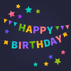 Happy Birthday card. Multicolored bright buntings garlands. Celebrate banner. Party flags with stars