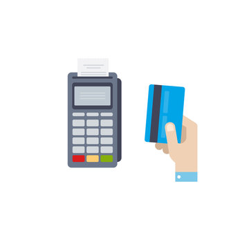 Vector illustration of payment by credit card. Human hand holds a card. Flat concept