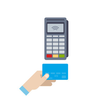 Vector illustration of payment by credit card. Human hand holds a card. Flat concept