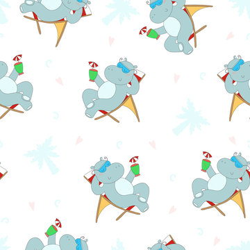 Cute seamless pattern with hippo in the Seashore, vector illustration. Printable template.