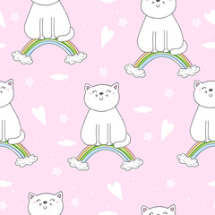 Hand drawn seamless pattern with cute cat on a rainbow, doodle illustration for kids vector print