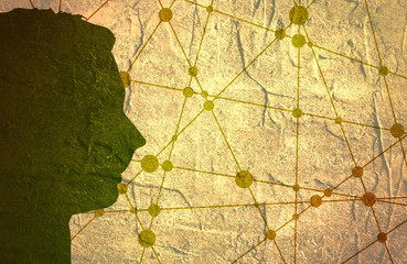 Profile of the head of a man. Mental health relative brochure or report design template. Scientific medical designs. Molecule And Communication Concrete Textured Background. Connected lines with dots.