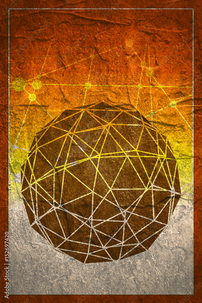 Wall mural wireframe polygonal element. 3d sphere with lines. grunge concrete texture