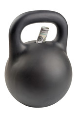 Obraz na płótnie Canvas Kettlebell - money-box and money isolated on white. Investments in weightlifting 