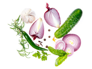 Composition with cucumber, garlic and spices isolated on white background.