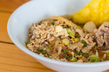 Closeup of noodle soup. Asian Food style. Chicken noodle and soup in bowl delicious local food in Thailand. Street food.