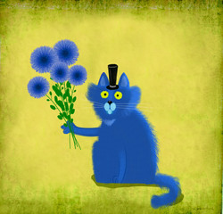 Blue Cat With Top Hat Holding Flowers On Lime Background