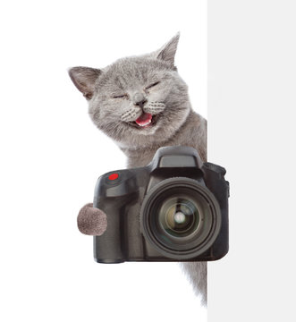 Cat taking a picture behind a placard. isolated on white background