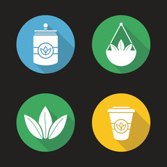 Tea flat design long shadow icons set