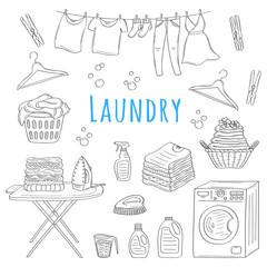 Laundry service hand drawn doodle icons set, vector illustration.