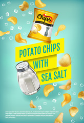Vector realistic illustration with potato chips with sea salt.