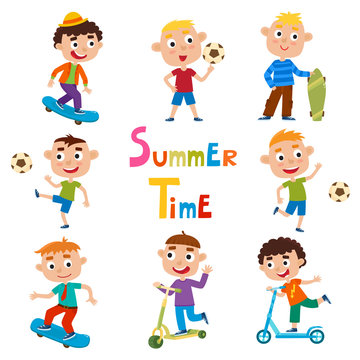Vector set of summer child's outdoor activities isolated on whit
