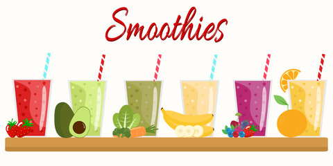 Cartoon smoothies. Orange, strawberry, berry, banana and avocado smoothie. Organic fruit shake smoothie. Flat design. Vector illustration. - 152710226