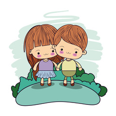 color picture couple kawaii happy kids taken hands in forest vector illustration