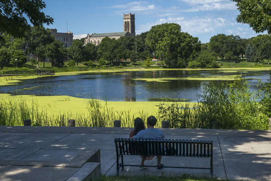Couple sitting on bench by lake in park, Minneapolis, Hennepin County, Minnesota, USA