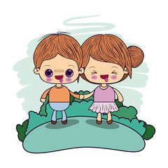 color picture couple kawaii wink girl collected hair with in love boy taken hands in forest vector illustration