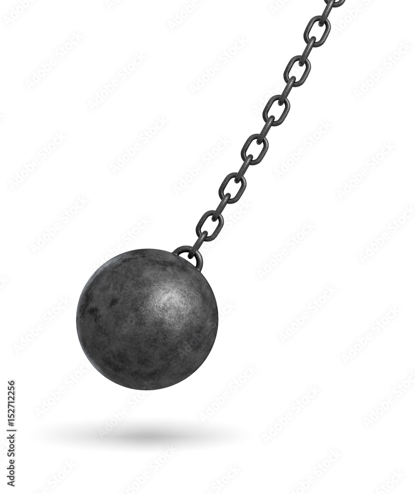 Poster 3d rendering of a dark black wrecking ball hanging from a chain and swinging in one side.