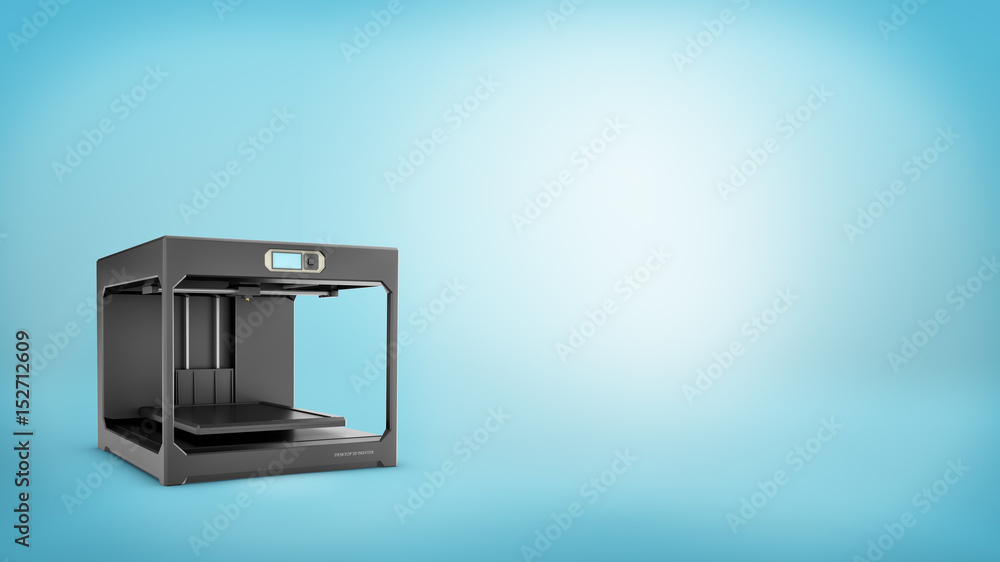Poster 3d rendering of a black 3d-printer with a small screen and an empty printing bed on blue background.